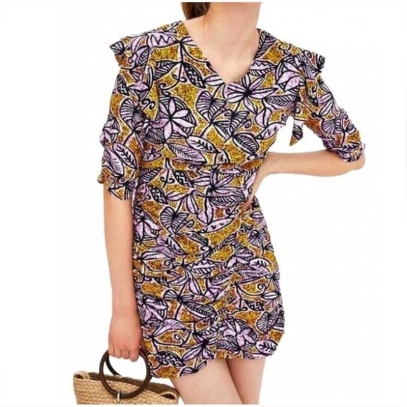 Zara TRF Gathered Mini V-Neck 3/4 length ruffled Feminine dress Size M - Picture 1 of 16